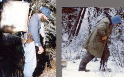 man with heavy pack, woman pulling log with strap